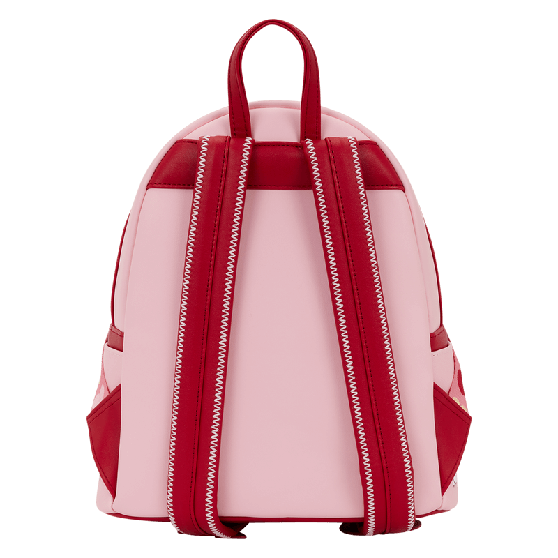 Back view of Loungefly Peanuts Snoopy XO mini backpack with adjustable red straps and pink back panel
