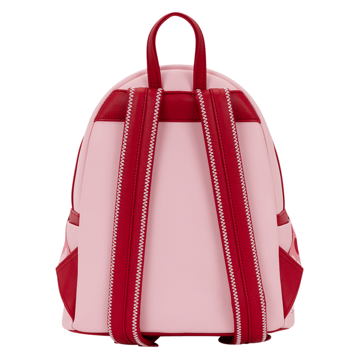 Back view of Loungefly Peanuts Snoopy XO mini backpack with adjustable red straps and pink back panel