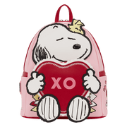 Front view of Loungefly Peanuts Snoopy XO mini backpack featuring 3D Snoopy holding a red heart XO pocket
