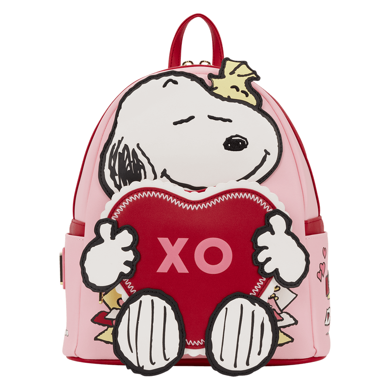 Front view of Loungefly Peanuts Snoopy XO mini backpack featuring 3D Snoopy holding a red heart XO pocket