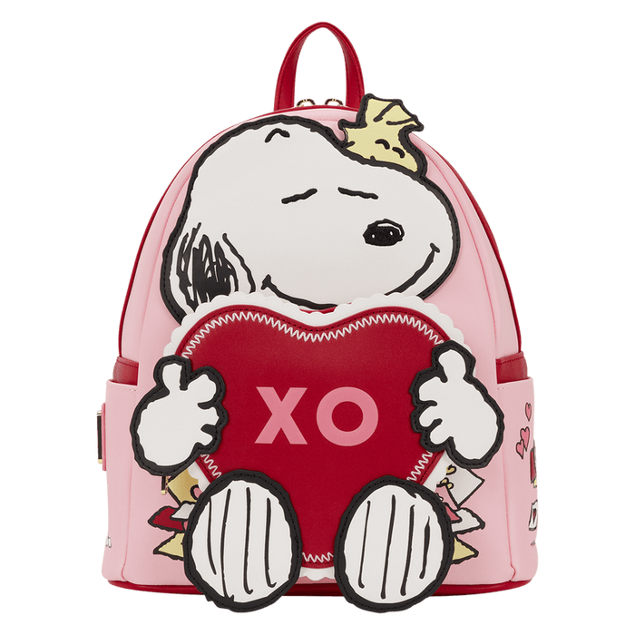 Front view of Loungefly Peanuts Snoopy XO mini backpack featuring 3D Snoopy holding a red heart XO pocket