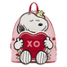 Front view of Loungefly Peanuts Snoopy XO mini backpack featuring 3D Snoopy holding a red heart XO pocket