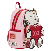 Side view of Loungefly Peanuts Snoopy XO mini backpack showing Loungefly patch, Snoopy print and gold zip