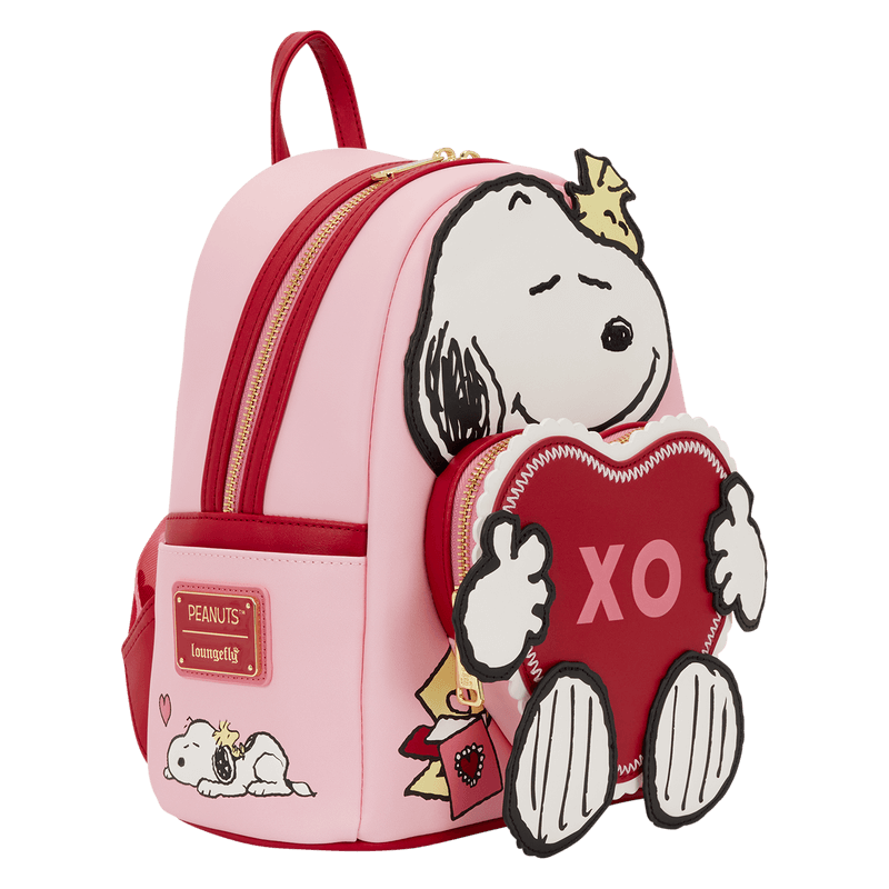 Side view of Loungefly Peanuts Snoopy XO mini backpack showing Loungefly patch, Snoopy print and gold zip