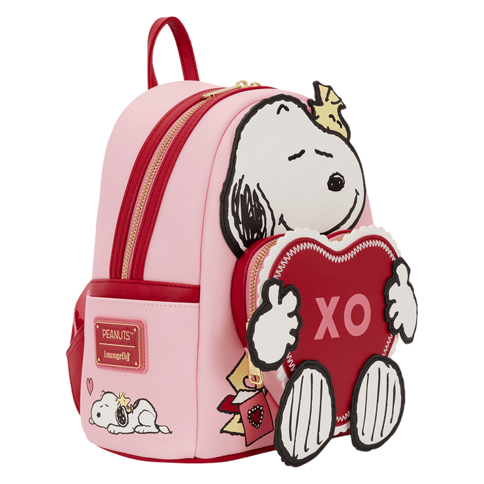 Side view of Loungefly Peanuts Snoopy XO mini backpack showing Loungefly patch, Snoopy print and gold zip