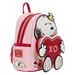 Side view of Loungefly Peanuts Snoopy XO mini backpack showing Loungefly patch, Snoopy print and gold zip