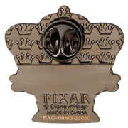 Back of Loungefly Pixar Alien enamel pin with gun-metal finish, crown pattern texture and Pixar branding.

