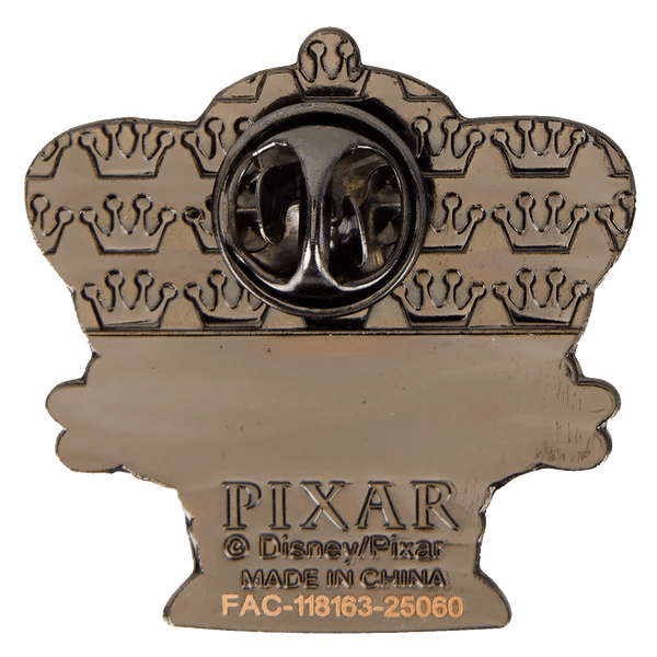 Back of Loungefly Pixar Alien enamel pin with gun-metal finish, crown pattern texture and Pixar branding.

