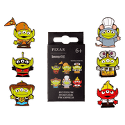 Group photo of Loungefly Pixar Aliens Mystery Enamel Pins blind box showing 6 costumed alien designs plus moving chase pin.
