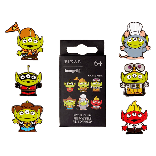 Group photo of Loungefly Pixar Aliens Mystery Enamel Pins blind box showing 6 costumed alien designs plus moving chase pin.
