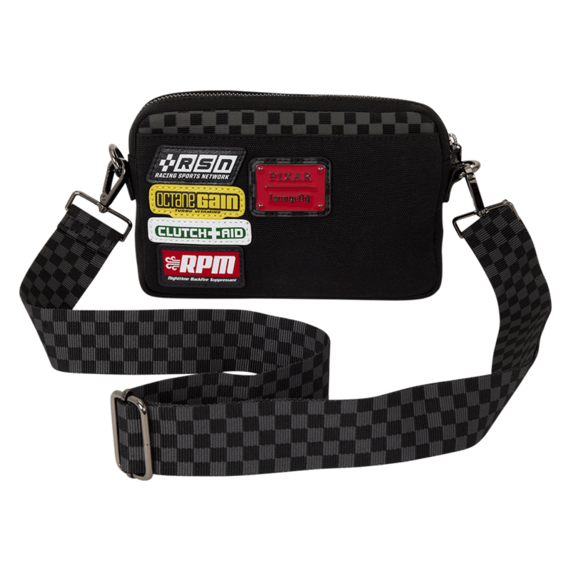 Back of Loungefly Pixar Cars Piston Cup crossbody bag with racing patches
