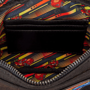 Loungefly Cars crossbody bag interior with Lightning McQueen racing print lining