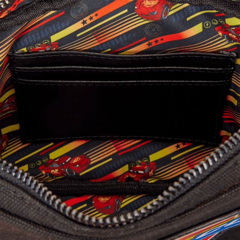 Loungefly Cars crossbody bag interior with Lightning McQueen racing print lining