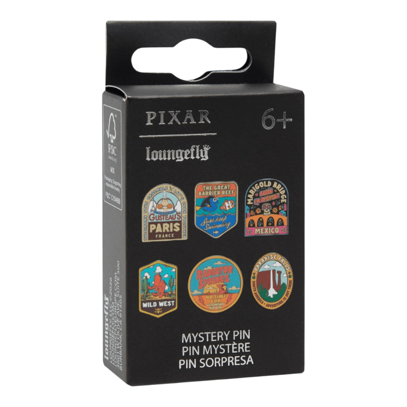 Loungefly Pixar Destinations Blind Box Enamel Pin packaging showing six possible travel badge designs