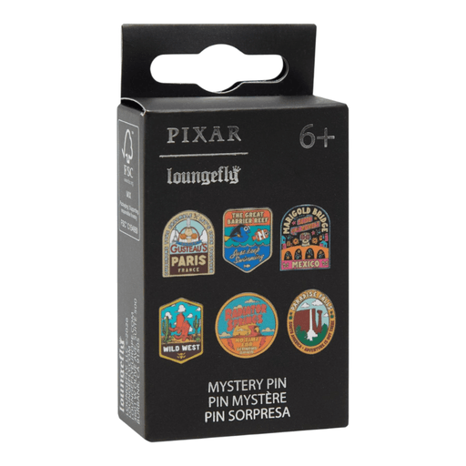 Loungefly Pixar Destinations Blind Box Enamel Pin packaging showing six possible travel badge designs