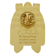 Reverse of Disney Pixar Loungefly enamel pin showing metal fastening, Pixar branding and crown-patterned backing