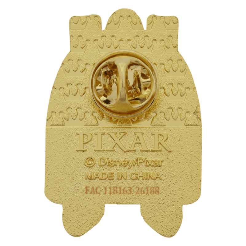 Reverse of Disney Pixar Loungefly enamel pin showing metal fastening, Pixar branding and crown-patterned backing