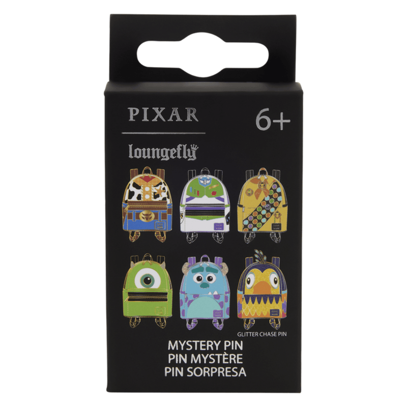 Loungefly Disney Pixar Characters Mini Backpack Blind Box Pin packaging showing six mystery enamel pin designs
