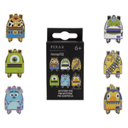 Six Disney Pixar Loungefly mini backpack-shaped enamel pins featuring Woody, Buzz, Russell, Mike, Sulley and Kevin