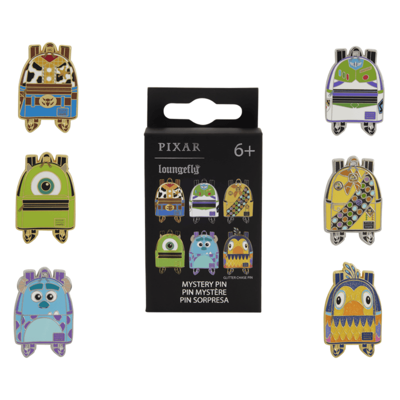 Six Disney Pixar Loungefly mini backpack-shaped enamel pins featuring Woody, Buzz, Russell, Mike, Sulley and Kevin