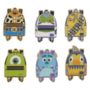 Complete set of six Loungefly Disney Pixar mini backpack mystery enamel pin designs including glitter chase Kevin from Up