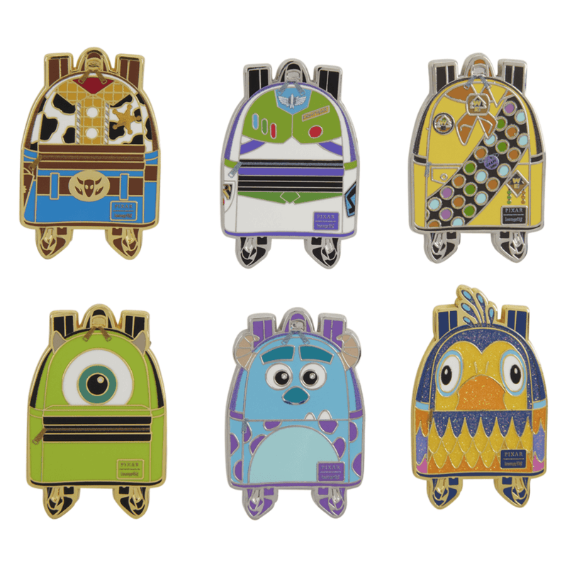 Complete set of six Loungefly Disney Pixar mini backpack mystery enamel pin designs including glitter chase Kevin from Up