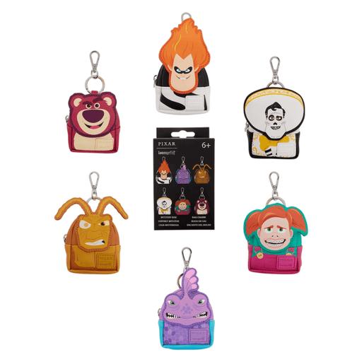 Six Loungefly Pixar Rivals mystery mini backpack bag charm designs