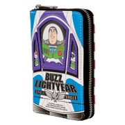 Angled view of Loungefly Pixar Buzz Lightyear zip-around wallet with appliqué details.