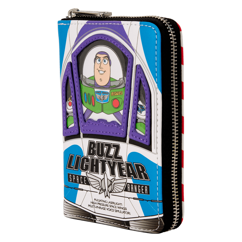Angled view of Loungefly Pixar Buzz Lightyear zip-around wallet with appliqué details.