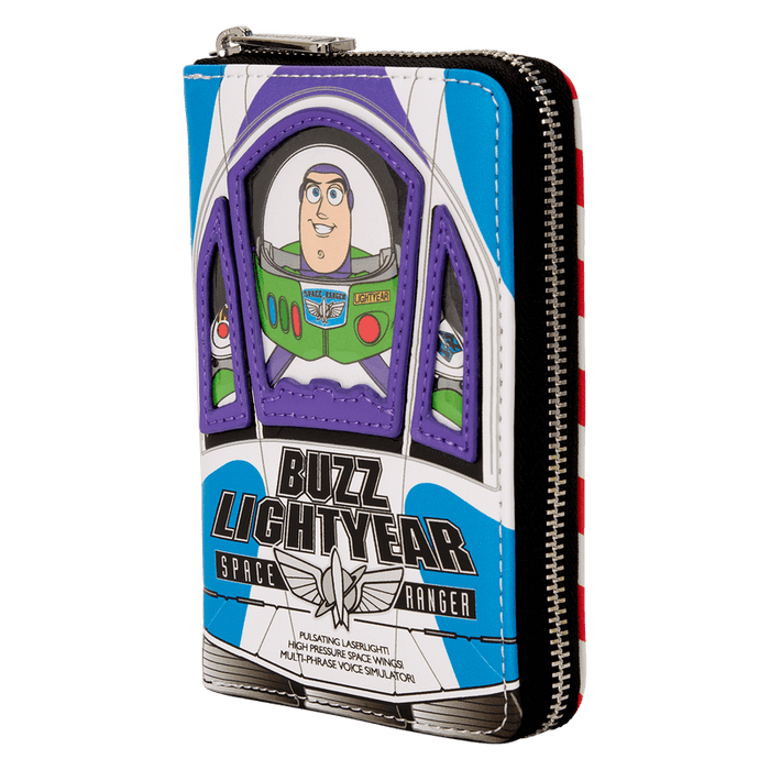 Angled view of Loungefly Pixar Buzz Lightyear zip-around wallet with appliqué details.