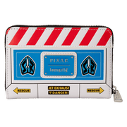 Front view of Loungefly Pixar Toy Story Buzz Lightyear zip-around wallet with hazard stripes and badge details.