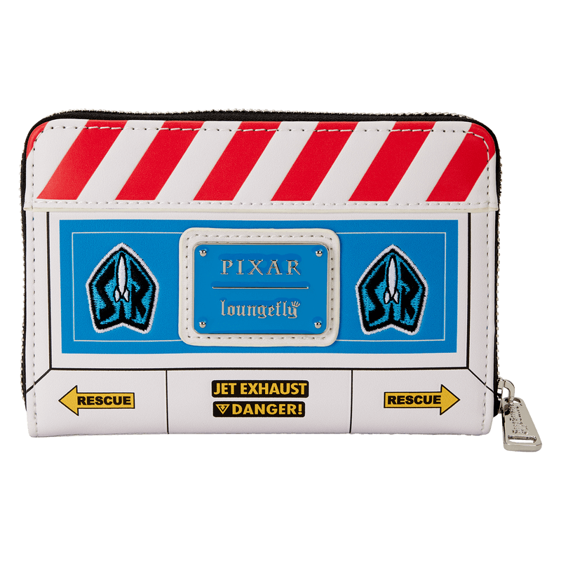 Front view of Loungefly Pixar Toy Story Buzz Lightyear zip-around wallet with hazard stripes and badge details.