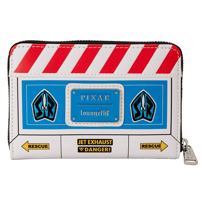 Front view of Loungefly Pixar Toy Story Buzz Lightyear zip-around wallet with hazard stripes and badge details.