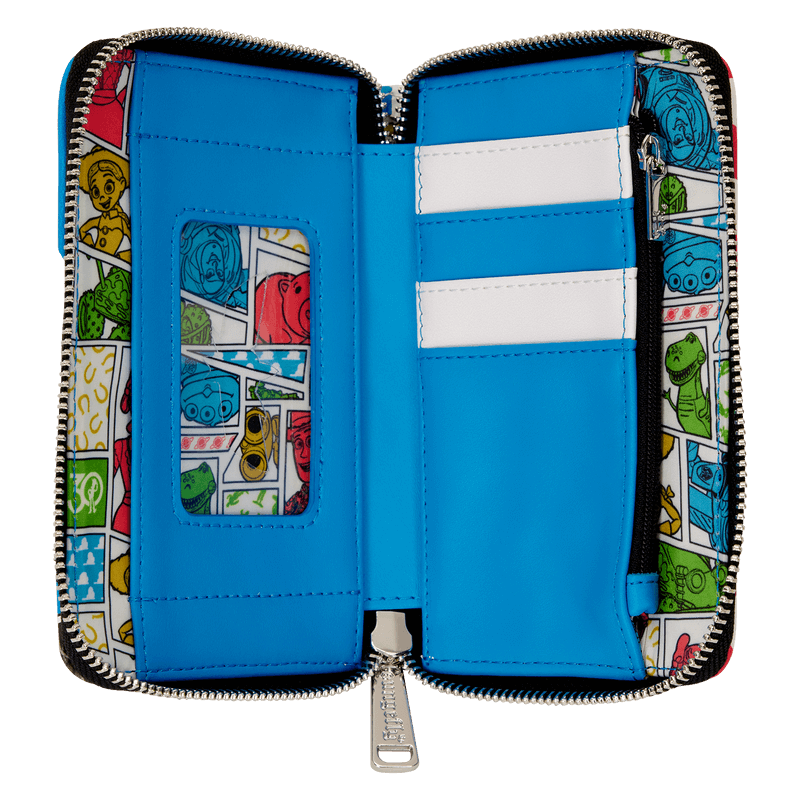 Open Loungefly Buzz Lightyear wallet showing card slots, ID window and colourful Toy Story lining.