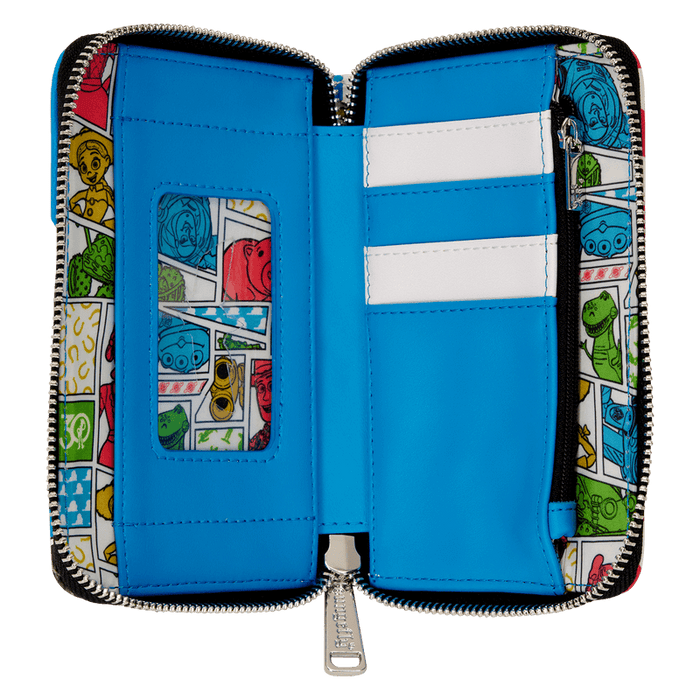Open Loungefly Buzz Lightyear wallet showing card slots, ID window and colourful Toy Story lining.