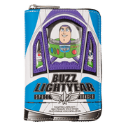 Portrait front of Loungefly Toy Story wallet with Buzz Lightyear cockpit artwork.