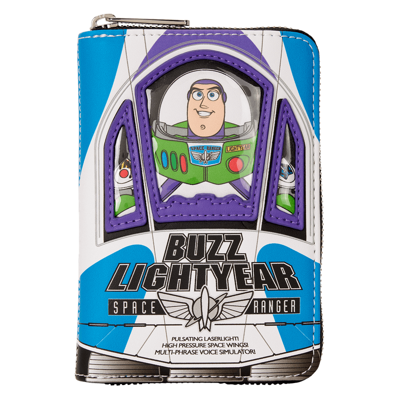 Portrait front of Loungefly Toy Story wallet with Buzz Lightyear cockpit artwork.