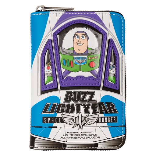 Portrait front of Loungefly Toy Story wallet with Buzz Lightyear cockpit artwork.