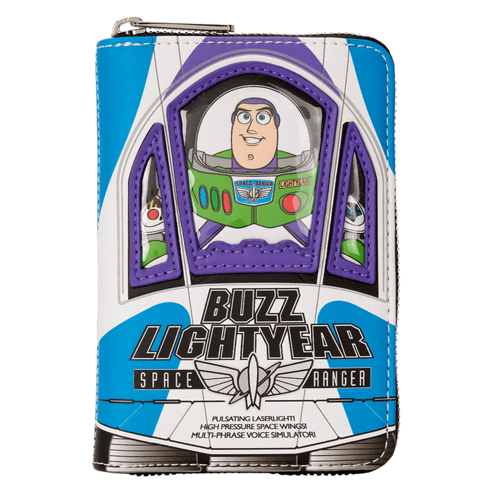 Portrait front of Loungefly Toy Story wallet with Buzz Lightyear cockpit artwork.
