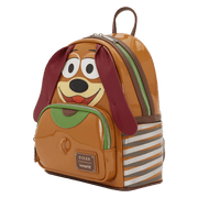 Angled view of Loungefly Pixar Toy Story Slinky Dog mini backpack with applique and side details