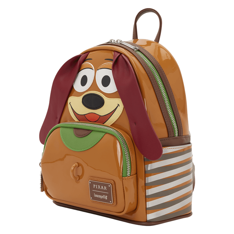 Angled view of Loungefly Pixar Toy Story Slinky Dog mini backpack with applique and side details
