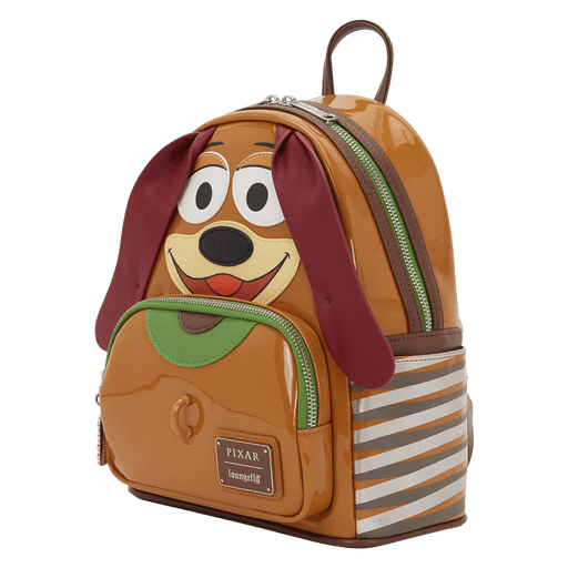 Angled view of Loungefly Pixar Toy Story Slinky Dog mini backpack with applique and side details