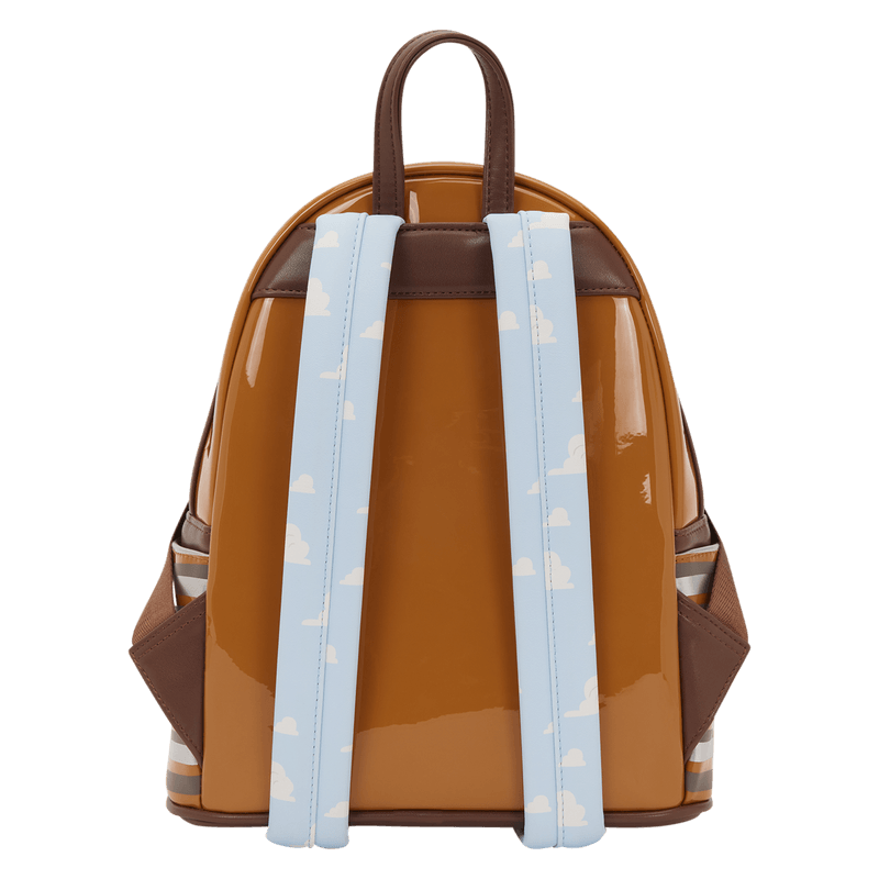 Back of Loungefly Pixar Toy Story Slinky Dog mini backpack with cloudy sky shoulder straps