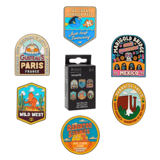 Loungefly Pixar Destinations blind box pin collection with six collectible Pixar travel designs