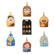 Loungefly Pixar Up Cosplay Mystery Mini Backpack Keychain Charm collection showing all six possible designs and mystery box