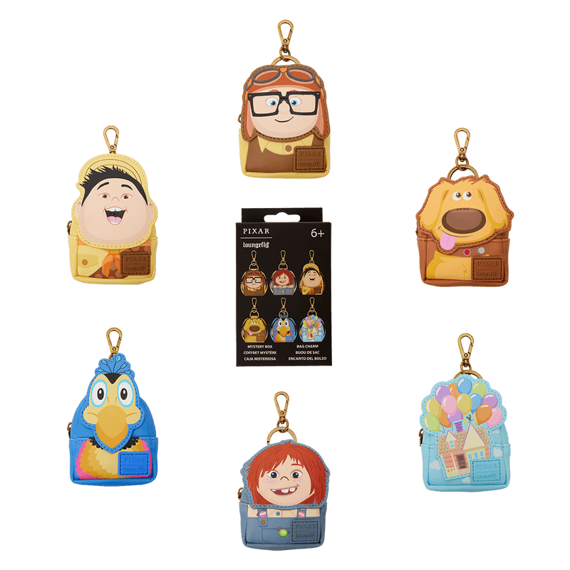 Loungefly Pixar Up Cosplay Mystery Mini Backpack Keychain Charm collection showing all six possible designs and mystery box