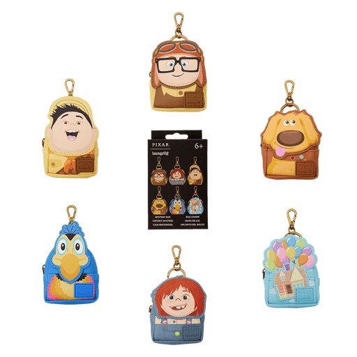 Loungefly Pixar Up Cosplay Mystery Mini Backpack Keychain Charm collection showing all six possible designs and mystery box