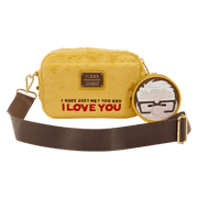 Back view of the Loungefly Pixar Up Dug Sling Crossbody Bag with I have just met you and I love you embroidered quote and detachable Carl coin purse