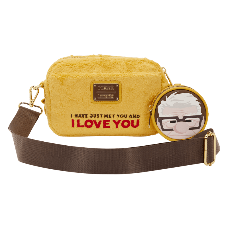 Back view of the Loungefly Pixar Up Dug Sling Crossbody Bag with I have just met you and I love you embroidered quote and detachable Carl coin purse