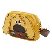 Front view of the Loungefly Pixar Up Dug Sling Crossbody Bag with faux fur finish, floppy ears and collar detail